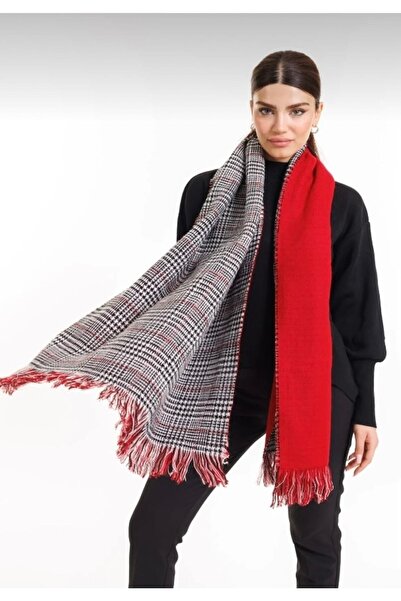 MSASTYLE Çift Taraflı Kuramızı Ekose Atkı Şal