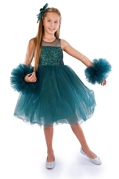 Buse&Eylül Bebe Girl's Green Pompom Sleeve Birthday Party Dress