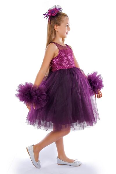 Buse&Eylül Bebe Κοριτσίστικο φόρεμα γενεθλίων με μωβ μανίκια Pompom