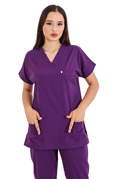 FORMACI KAZIM Mor Linda Likralı Unisex Hemşire ve Doktor Üniforma Sucrubs Takım