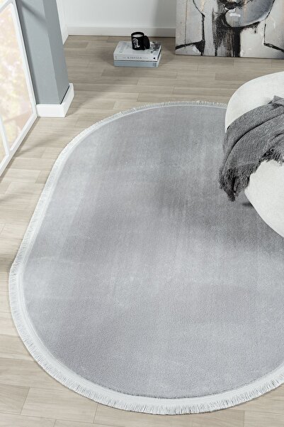 LİNOS HOME Puffy Açık Gri Oval Düz Saçaklı Peluş Yumuşacık Yıkanabilir Kaymaz...