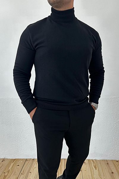 VİP LOKAL Памучен плетен черен пуловер с висока яка