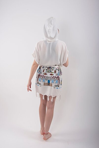 HİLAL COLLECTİON Viskon Basement Pattern Vest Seaside Town Belted Beach Dress 1Pc Hooded