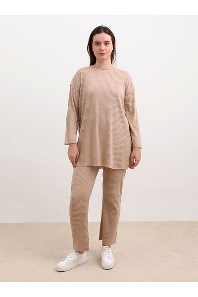 ALİA Plus Size Tunic & Pants Camisole Double Set - Mink - Alia