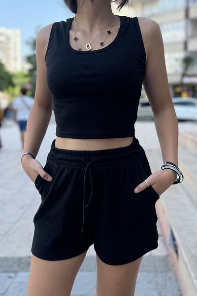 trendalisse شورت نسائي قصير ومجموعة علوية - خصر مطاطي