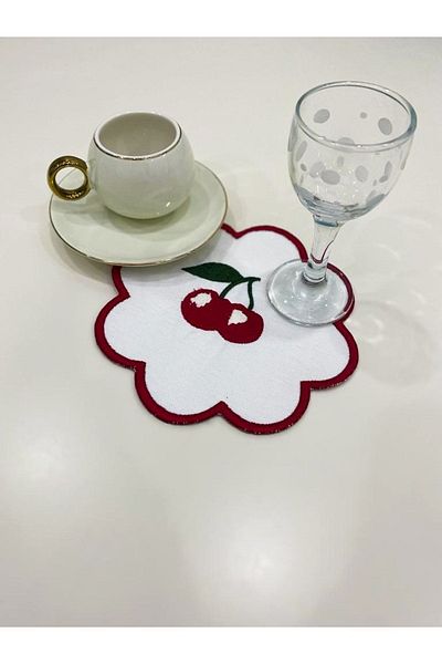 İNCİ ÇEYİZ 6 Pieces Linen Fabric Cherry Embroidered Coffee Side Cocktail Serving Napkin & Coasters