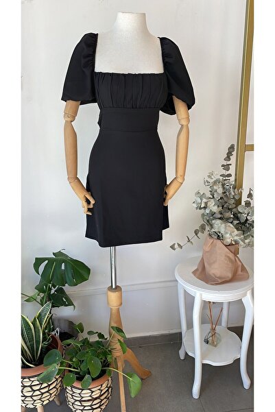 Butik Kadın, Balon Kol, Büzgülü, Sırtı Bağlama Detaylı, Mini Siyah Elbise