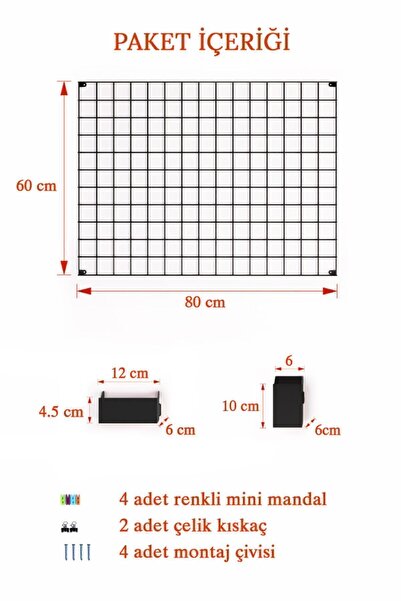 Catchme 60x80 Metal Pano Fotoğraf Askısı Tel Pano Full Aksesuarlı Siyah