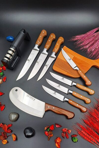 SWENCRAFT Wooden Kitchen Meat Bread Vegetable Knife & Pita Onion Knife & Sharpening Apparatus 9-Piece Dowry Set