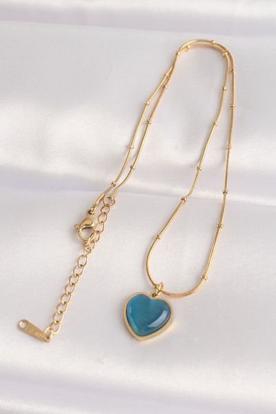 MELFSHOP M3LF- 316l Steel Chain and Gold Colored Blue Pearlescent Heart Figure Necklace