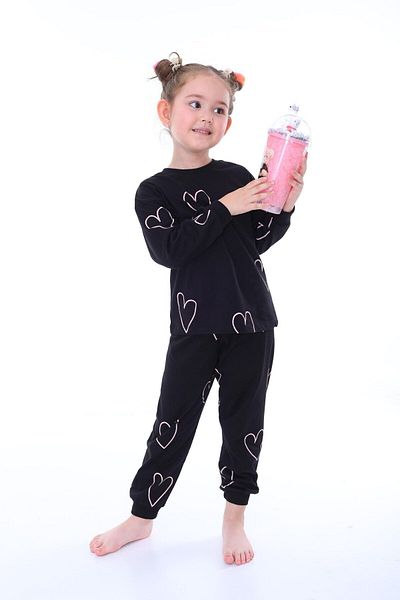 bunny hopp Set pijamale negre cu mânecă lungă pentru fetiță cu model de inimă - 100% bumbac (3-8 ANI)
