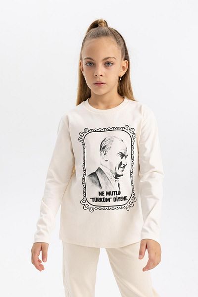 DeFacto Girls' Ataturk Printed Crew Neck Combed Cotton Long Sleeve T-Shirt B2427a823wn