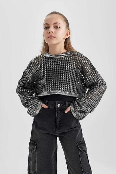 DeFacto Girl's Crop Crew Neck Openwork Knitwear Sweater C0537A824Sp