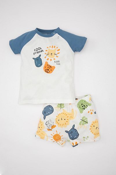 DeFacto Safari Printed Short Sleeve T-Shirt and Elastic Shorts Set for Baby Boy - C2810A524Sm