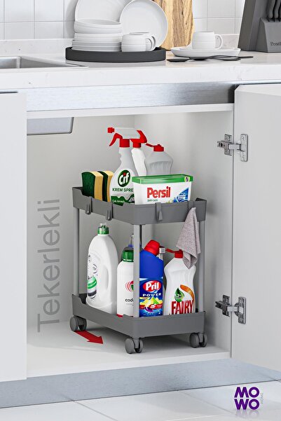 Mowo Home Gri 2 Katlı Tekerlekli Düzenleyici Mutfak Rafı Banyo Rafı Tezgah Al...