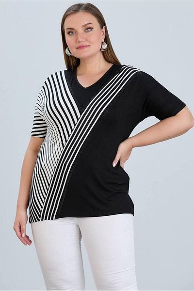 FOR ESRA BIG TREND Flexible Viscose Women's Blouse - Striped, Stone Detailed, V-Neck, Short Sleeve