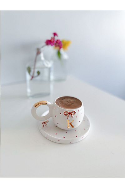 Mugtasarım 24 K Gold Gilded Double Turkish Coffee Cup with Red Bow - Letter K -
