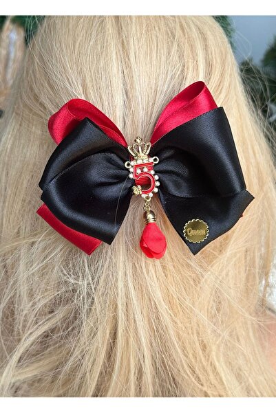 QUEEN AKSESUAR No5 Luxury Design - Rhinestoned Metal Brooch, Pendant Satin, Bow, Red Black, Automatic Clip Buckle