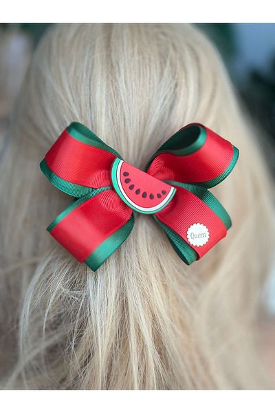 QUEEN AKSESUAR Luxury Design - Red Green 3D Watermelon with Tailfold and Bow, Auto Clip Toqa