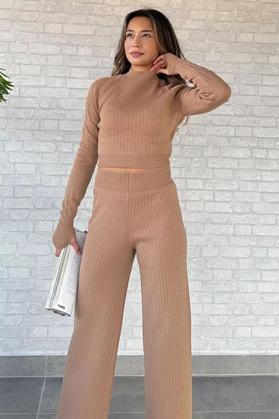 GÜLSELİ Women's Crop Sweater and Trousers Set - Knitted Knitwear, Half Turtleneck