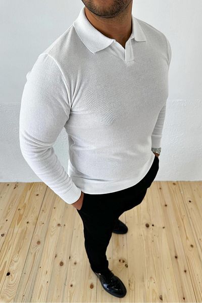VİP LOKAL Πλεκτό πουλόβερ Polo Neck White Slim Fit