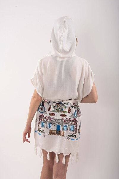 HİLAL COLLECTİON Viskon Basement Pattern Vest Seaside Town Belted Beach Dress 1Pc Hooded