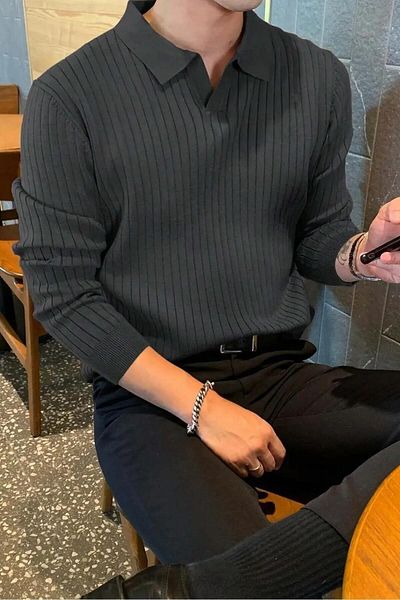 VİP LOKAL Ανδρικό πουλόβερ με ραβδωτό γιακά Polo Collar - Slim Fit, Smoked