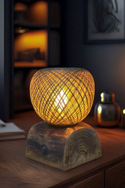 Celestia Home Dilim Ağaç Abajur Hasır Doğal İskandinav El Yapımı Ahşap Lambader Yatak Oturma Odası Rustik