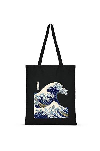BUFUAL Μαύρη υφασμάτινη τσάντα Kanagawa Wave Printed