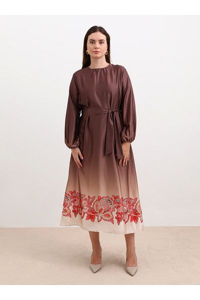 ALİA Beige Brown Satin Dress - Plus Size, Gradient Pattern, Alia