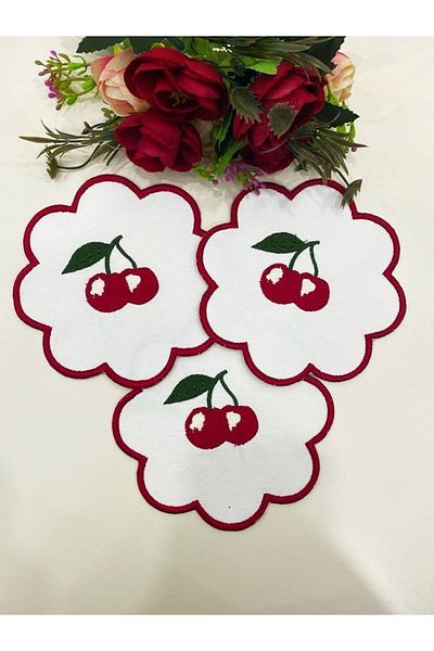 İNCİ ÇEYİZ 6 Pieces Linen Fabric Cherry Embroidered Coffee Side Cocktail Serving Napkin & Coasters