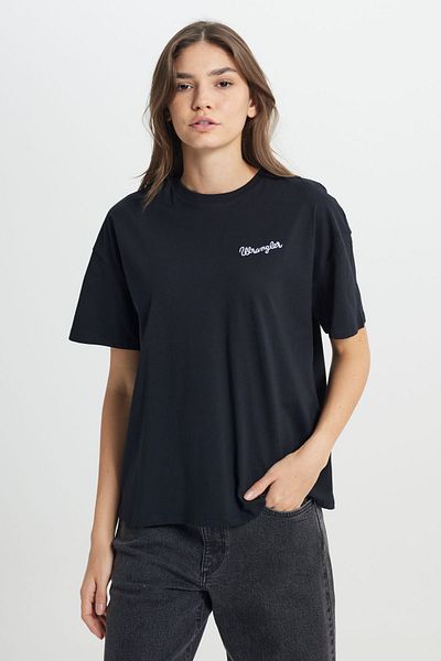 WRANGLER Normale Passform, normaler Schnitt, Rundhalsausschnitt, 100 % Baumwolle, süßes Jugend-Damen-T-Shirt mit schwarzem Logo