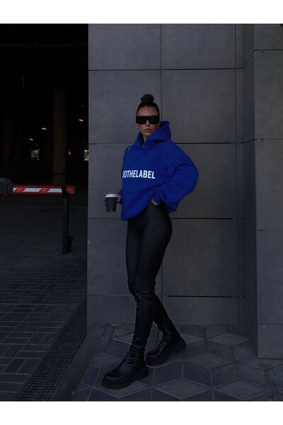 MODARİCH Moodthelabel Oversize Sweatshirt - Sax Blue Printed, Hooded