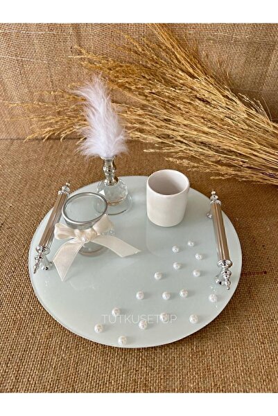 TutkuSetUp Inci Detay Damat Kahvesi Tepsi Takımı Isteğe Bağlı Kulplu Fincan Hediyeli