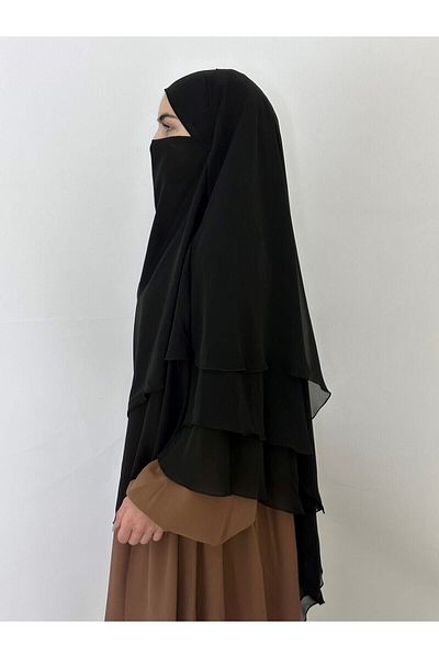 R&S modibone Μαύρο σουφλέ Khimar - Τριών στρώσεων, με πέπλο και μαντήλι σιφόν, 4 κορδόνια