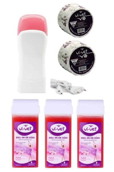Vi-vet 3 Adet Kartuş Roll-on Hassas Cilt Pudralı Ağda Makinesi+2 Adet 10 M Ağda Bezi Ağda Seti