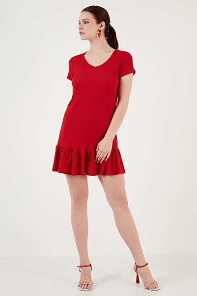Lela Regular Fit Fırfırlı V Yaka Bürümcük Mini Elbise Elbise 5865071