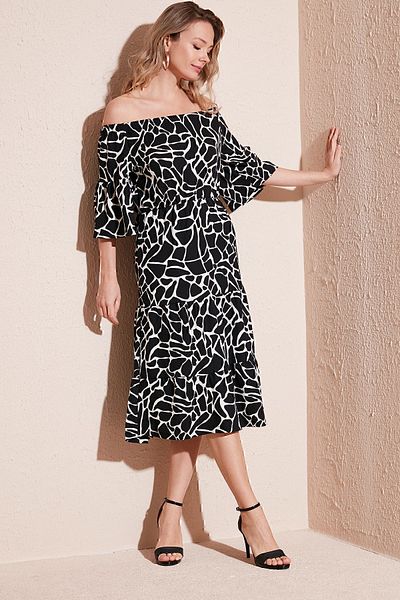 Lela Patterned Carmen Collar Midi Dress DRESS5865623