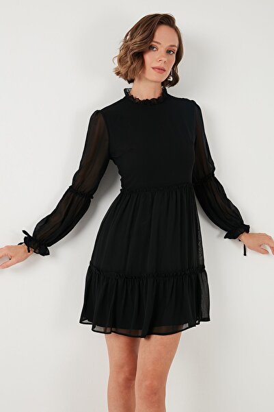 Lela Regular Fit Dik Yaka Büzgülü Astarlı Mini Elbise  ELBİSE 611EL345
