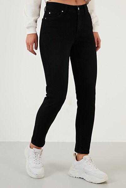 Lela Pantaloni slim din bumbac cu talie înaltă, blugi, denim