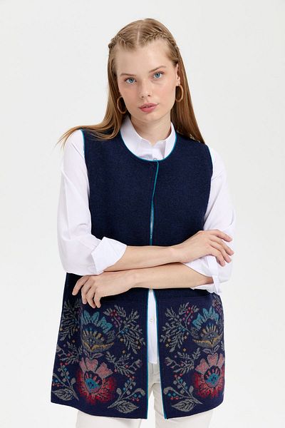 Desen Triko Tricotaj de damă Vestă din lână Araboy cu față deschisă Y.A Bleumarin