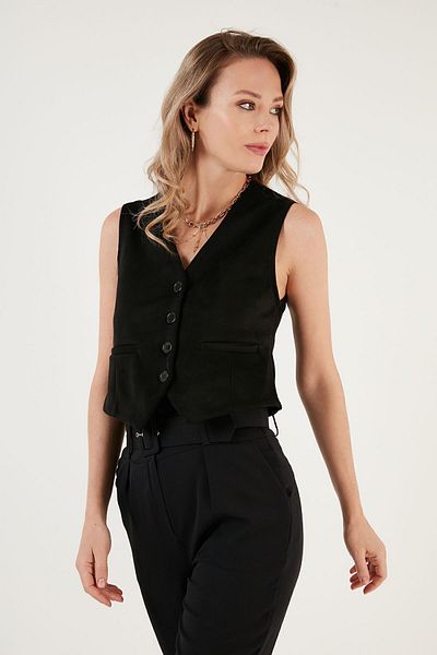 Lela Scuba Suede V-Neck Buttoned Fitted Vest - 5865576