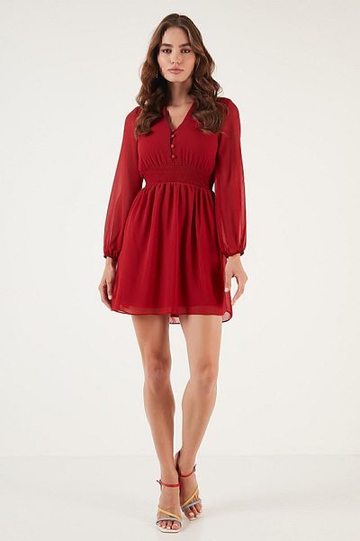 Lela V-Neck Glittered Button Detailed Chiffon Mini Dress DRESS 611EL01433