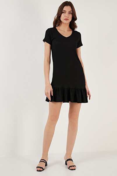Lela Regular Fit Fırfırlı V Yaka Bürümcük Mini Elbise Elbise 5865071
