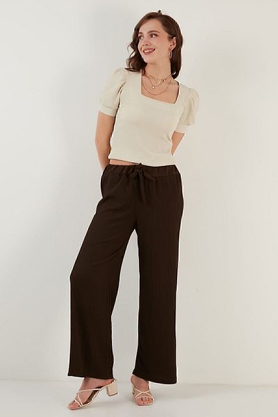 Lela Waist Tied Comfortable Cut Crinkle Fabric Trousers Trousers 5862061