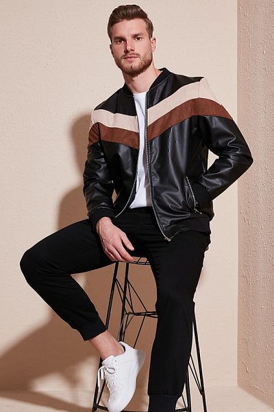Buratti Slim Fit Color Blocked College Collar Bomber Faux Leather Coat Men's Coat 5718909