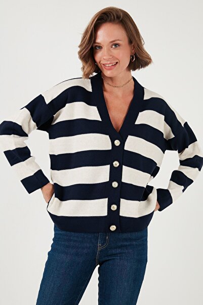 Lela V-neck Striped Soft Acrylic Cardigan - Regular Fit Cardigan 4615188