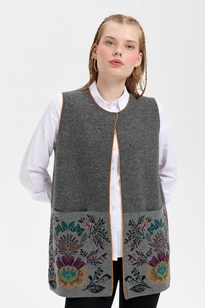Desen Triko Women's Knitwear Open Front Araboy Wool Vest Smoked