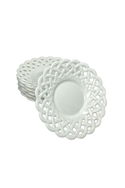 Yenimiyeni 6 أطباق شاي بورسلين منقوشة باللون الأبيض