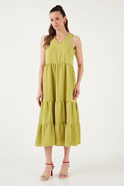 Lela Relaxed Fit V Yaka Volanlı Midi Elbise  ELBİSE 611EL011